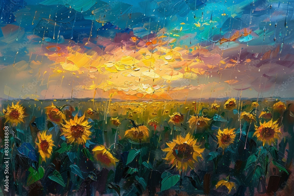 Wall mural a painting of a field of sunflowers with a cloudy sky in the background