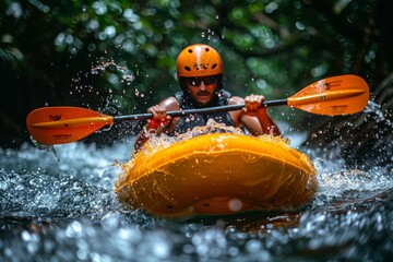 Fototapeta premium Man Riding Yellow Raft Down River