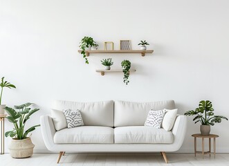 Minimalist gray living room interior with sofa, white wall and wooden shelf with plants