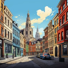Obraz premium a picture of a street with a car and a building with a sky background