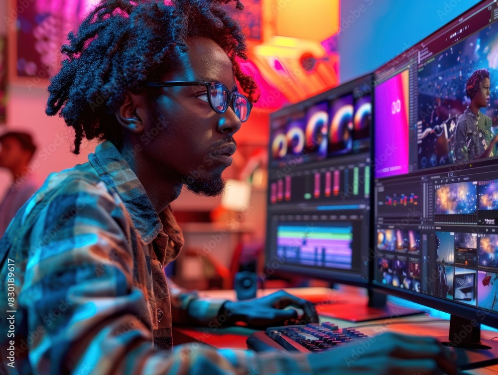 Poster man sitting in front of computer monitor, designing a new app