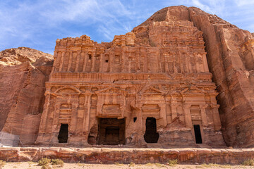Magnificent Palace Tomb in Petra, Jordan: Intricate Nabatean Architecture Carved into Red Sandstone...