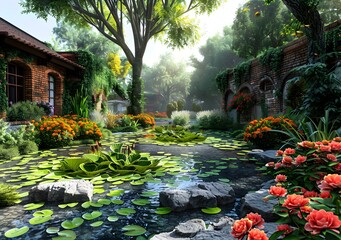 A beautiful garden with a pond full of pink water lilies, surrounded by lush greenery and colorful flowers, with a tall tree covered in vines