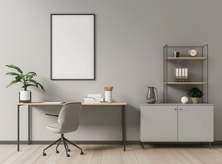 Minimalist home office interior with grey cabinet, white desk and chair against empty wall mockup with poster frame on shelf in modern room