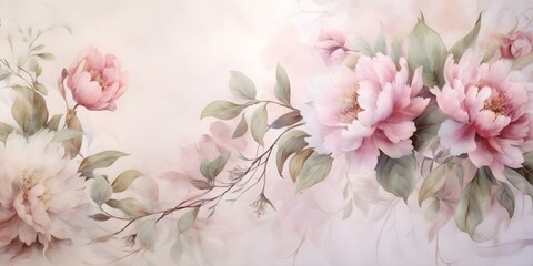 Obraz premium Vintage Watercolor Floral Pattern Featuring Peonies and Leaves in Soft Colors. Concept Watercolor Painting, Floral Design, Vintage Style, Peonies, Soft Colors