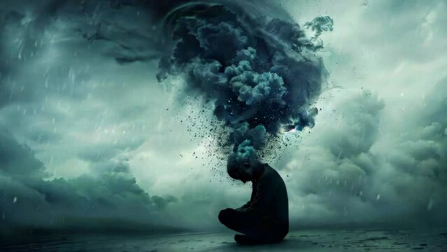 A person is sitting on the ground with their head in the air, surrounded by a cloud of smoke. Scene is one of chaos and destruction