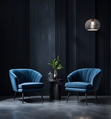 Living room or business lounge in deep dark colors with blue navy and gray furniture, empty wall mockup with black paint and decorative wood, luxury interior design reception room, 3D render

