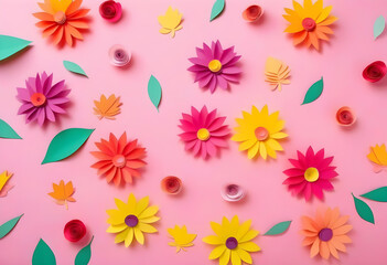 A flat lay of colorful paper flowers and leaves on a pink background
