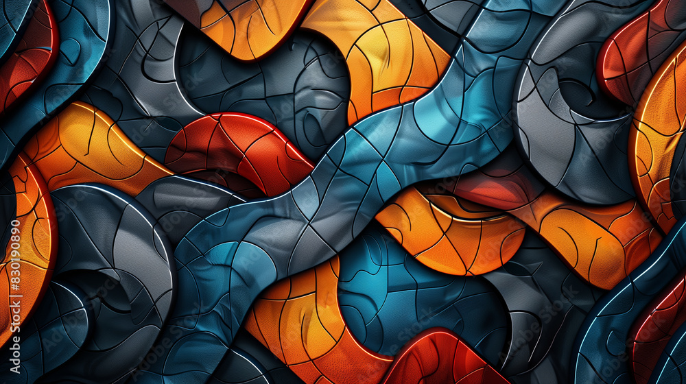 Poster a colorful abstract design with a blue and orange line. the design is made up of different shapes an