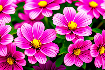 Top view image of pink and purple flowers composition over pastel background