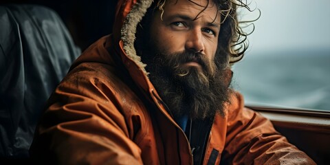 Brave bearded fisherman staying focused on boat during stormy weather fishing. Concept Fishing, Weather, Storm, Boat, Focus