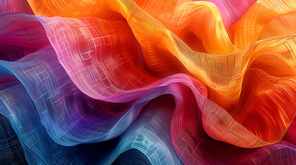 A colorful piece of fabric with a rainbow pattern. The colors are bright and vibrant, creating a sense of energy. Fabric appears to be a piece of art, with its unique. geometric art pictures of fibres - Powered by Adobe