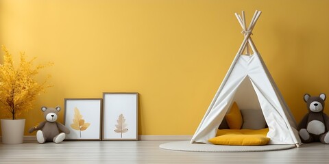 Designing a Children's Room Decor with a Wooden Mockup Frame and Natural Materials. Concept Children's Room Decor, Wooden Mockup Frame, Natural Materials, Design Inspiration