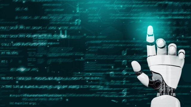 MLP Futuristic robot artificial intelligence revolutionary AI technology development and machine learning concept. Global robotic bionic science research for future of human life. 3D rendering graphic