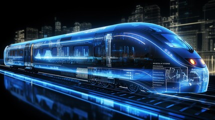 Holographic train blueprint with digital interfaces, futuristic style, blue hues, hightech 8K , high-resolution, ultra HD,up32K HD
