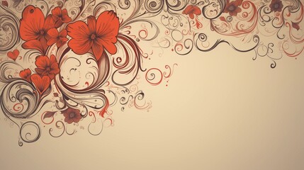 Beautiful Red Floral Swirl Design with Ornamental Scrolls on Beige Background