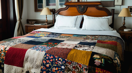 A made bed with a patchwork blanket on it