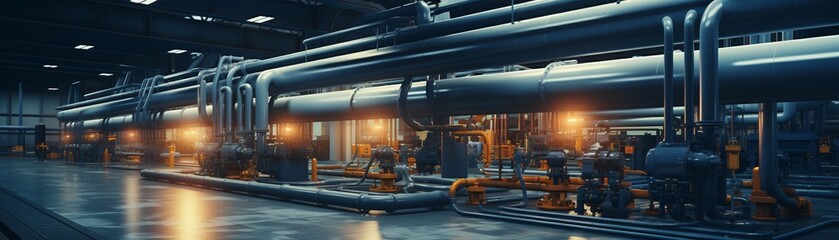 Industrial factory interior with complex pipes and machinery, photorealistic, dim lighting, gritty 8K , high-resolution, ultra HD,up32K HD