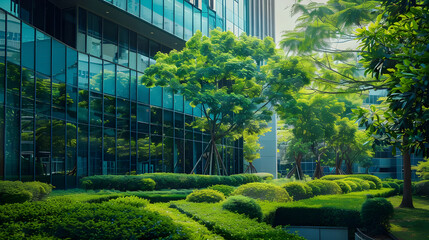 Architecture image with a modern glass building with a lot of green plants trees and bushes for business architecture environmental friendly and eco-concept.