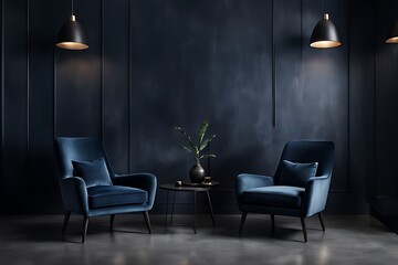 Living room or business lounge in deep dark colors with blue navy and gray furniture, empty wall mockup with black paint and decorative wood, luxury interior design reception room, 3D render

