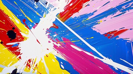 Fototapeta premium Colorful abstract painting with splattered paint strokes. The colors are bright and saturated, creating a sense of energy and movement. Illustration for cover, card, postcard, interior design, etc.