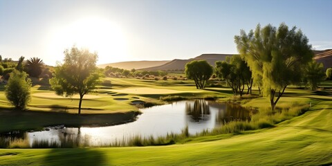 Scenic golf course with golfers walking to green edited for motion blur. Concept Scenic, Golf Course, Golfers, Motion Blur, Editing