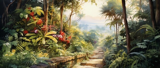 Path through a tropical jungle, watercolor painting, vivid colors, soft lighting 8K , high-resolution, ultra HD,up32K HD
