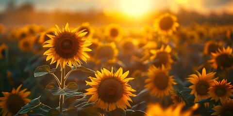 Obraz premium Sunrise in a sunflower field: Golden blossoms turning towards the morning sun. Concept Nature, Sunrise, Sunflower Field, Golden Blossoms, Morning Sun