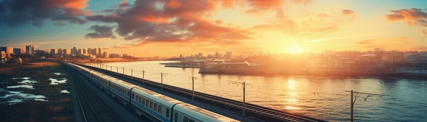 Train crossing a bridge at sunset, impressionist painting, warm tones, soft focus 8K , high-resolution, ultra HD,up32K HD