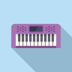 Modern flat design of an electronic keyboard synthesizer with shadow on a blue background