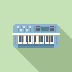 Modern, vector illustration of a blue synthesizer on a green background, in flat design style