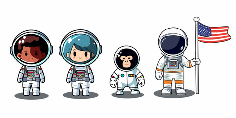 Kids astronauts in cosmic suits, with American flags, helmets. Girls and boys and monkey cosmonauts, Vector cartoon flat design isolated set