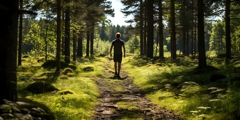 A young man runs on a sunny forest trail in summer. Concept Outdoor Photoshoot, Running, Forest Trail, Sunny Weather, Summer