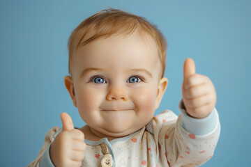 Cute smiling happy baby boy showing thumbs up, AI generated