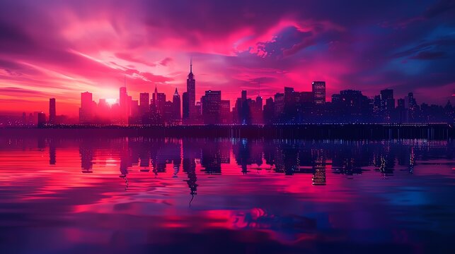 Show a low-angle view of a city skyline glowing in vibrant asexual flag colors
