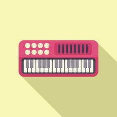 Flat design illustration of a vintage pink synthesizer with shadows, on a pastel yellow backdrop