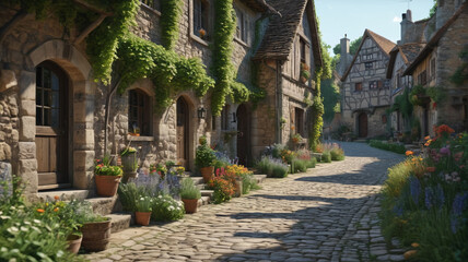 A charming medieval village with cobblestone streets, stone cottages, and lush gardens. Generative AI.