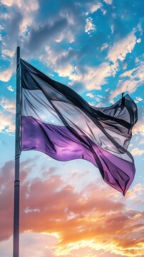 Show a long shot image of an Asexual flag billowing in the wind
