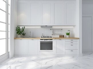 Minimalist white kitchen interior with wooden countertop, oven and sink on marble floor in apartment