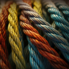 Bunch of nylon rope closeup view colorful ropes