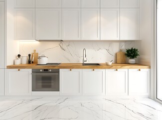 Minimalist white kitchen interior with wooden countertop, oven and sink on marble floor in apartment