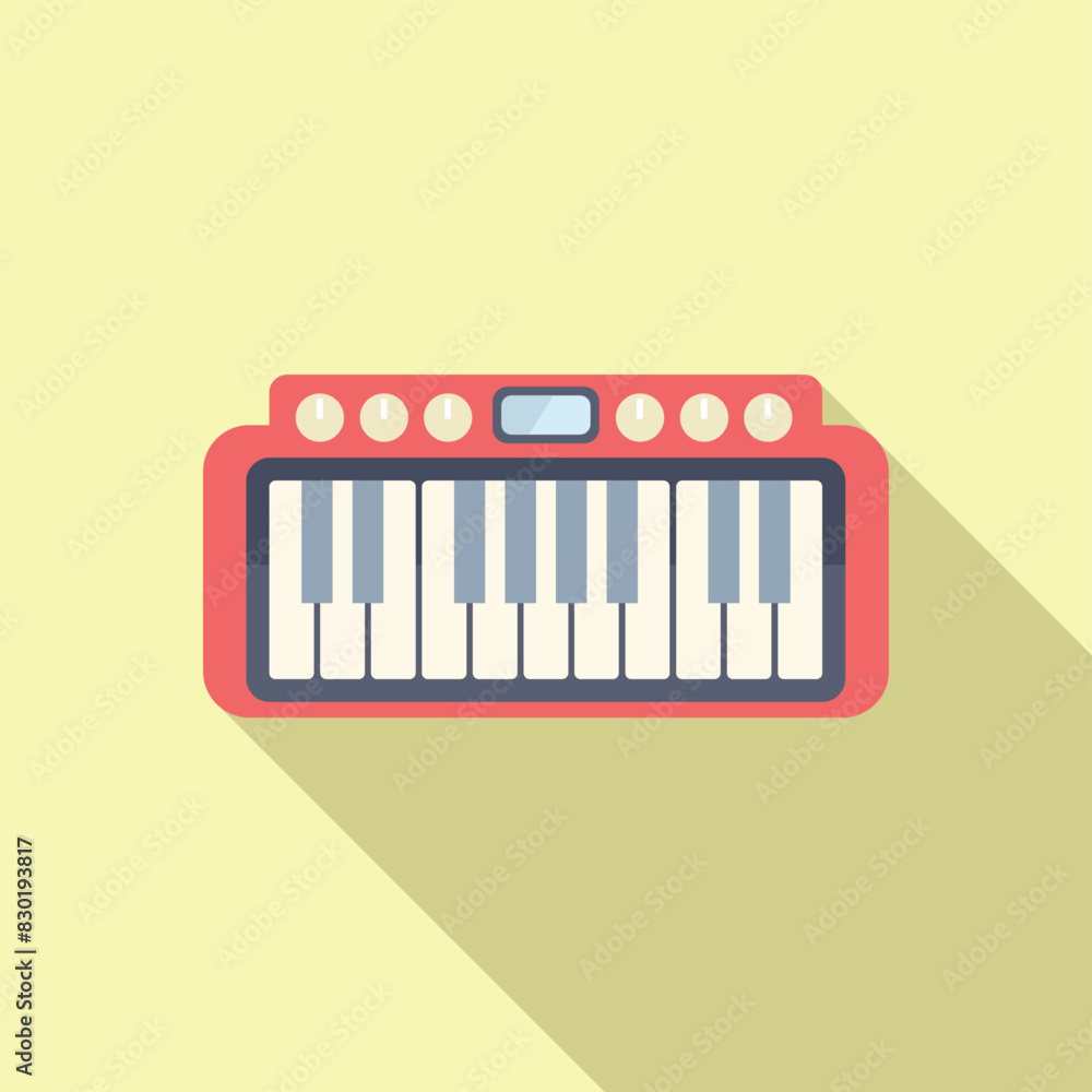 Poster flat design vector illustration of a synthesizer keyboard with a shadow, set on a pastel background