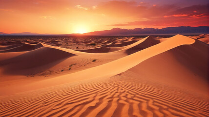 A dramatic desert landscape with towering sand dunes and a vibrant sunset in the background. Generative AI.