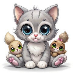 Fototapeta premium A delightful illustration featuring a cute grey kitten with big blue eyes sitting among toys. Ideal for children's books, greeting cards, and playful designs.
