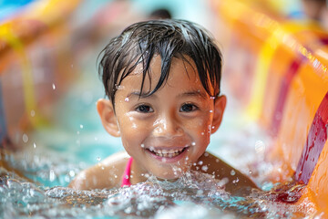 Joyful boy playing in water with bright colorful surroundings, ideal for summer fun and childhood happiness themes.