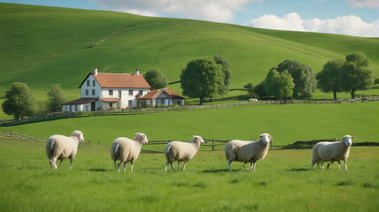 Obraz premium A peaceful countryside with rolling green hills, grazing sheep, and a quaint farmhouse. Generative AI.