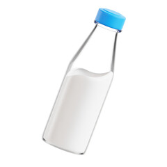 A bottle of milk is shown in a white background. The bottle is clear and has a blue cap