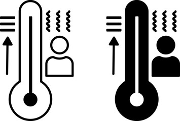 Hot Weather Icons. Black and White Vector Icons. High Temperature on Thermometer and Man. Season. Summer Concept