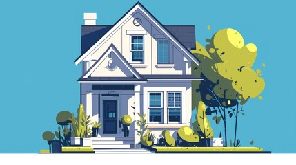 Illustration of a charming private house up for sale This flat 2d depicts the building exterior and facade of a contemporary townhome an isolated design element perfect for showcasing moder
