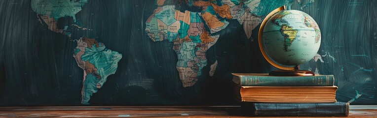 A globe stands on a stack of old books on a wooden desk, with a colorful world map in the background, symbolizing global education and knowledge.